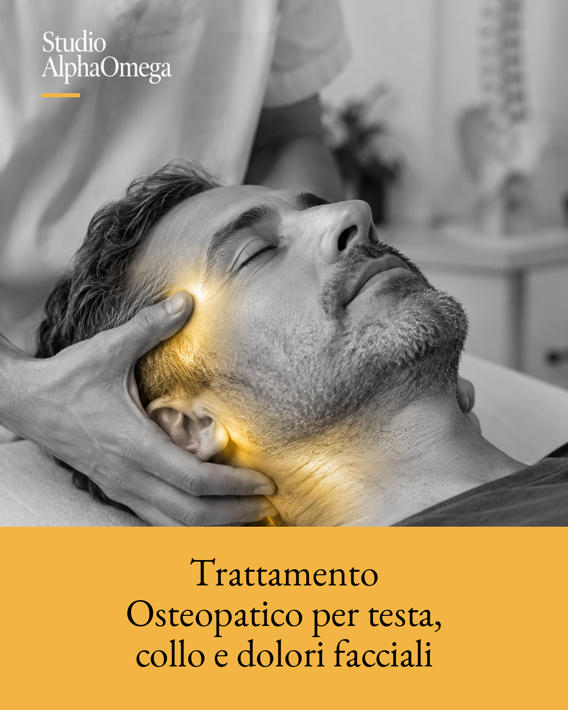 Uomo supino durante un trattamento manuale di testa e collo, con glow dorato localizzato su tempia, mandibola e regione cervicale superiore.