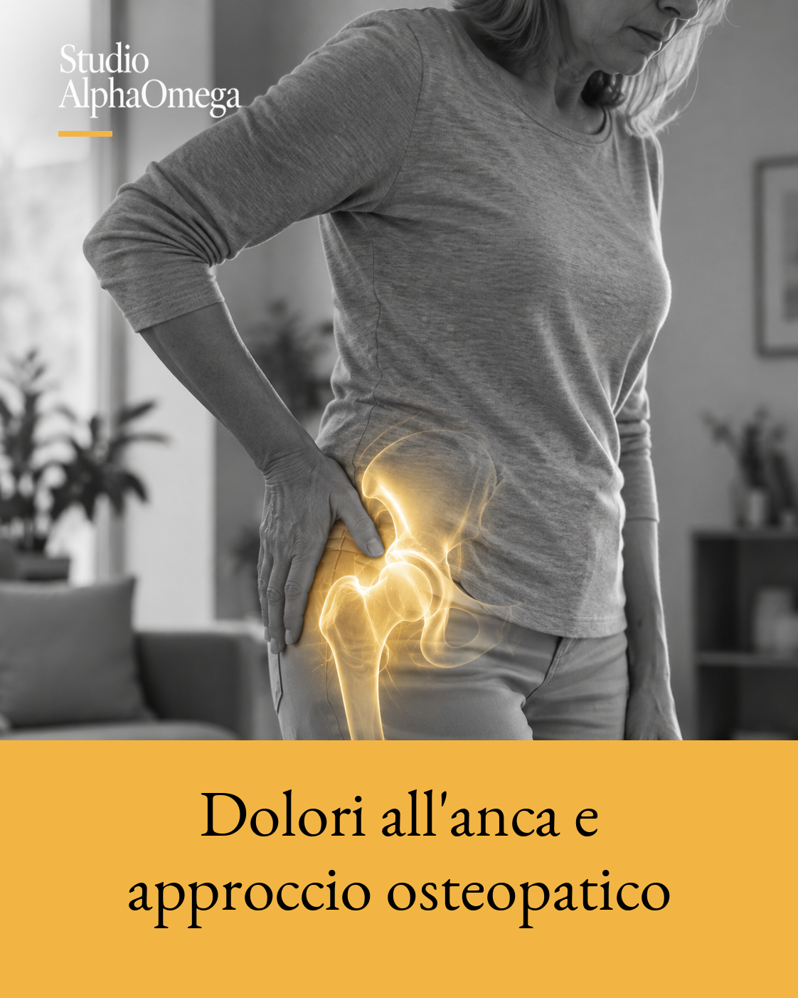 Donna adulta con una mano sulla regione laterale dell’anca e glow dorato localizzato sull’articolazione coxo-femorale.