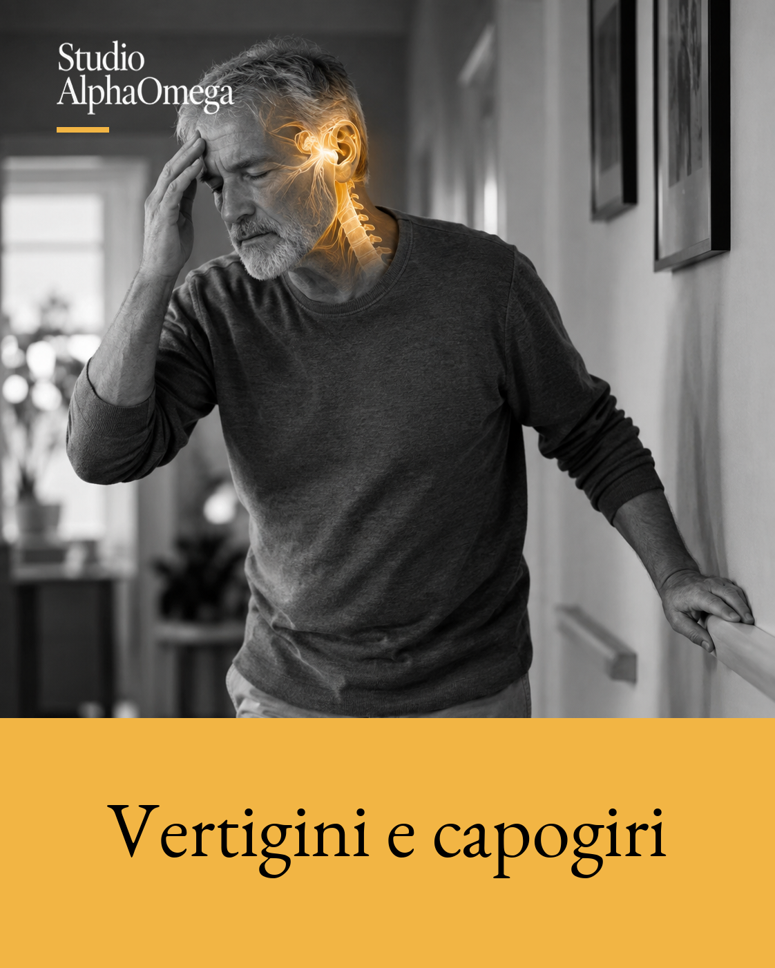 Uomo adulto che si stabilizza con una mano al corrimano e l’altra alla tempia, con evidenziazione dorata localizzata tra orecchio e tratto cervicale superiore.