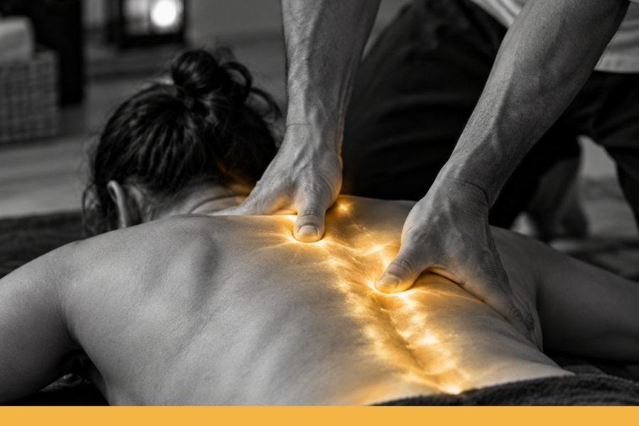Dettaglio di un trattamento Shiatsu con pressione manuale lungo la schiena e glow dorato localizzato sui punti di contatto.