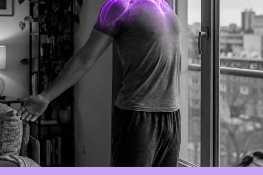 Uomo solo in casa durante un leggero allungamento vicino a una finestra, con effetto illustrativo viola localizzato su spalle e parte alta del torace.
