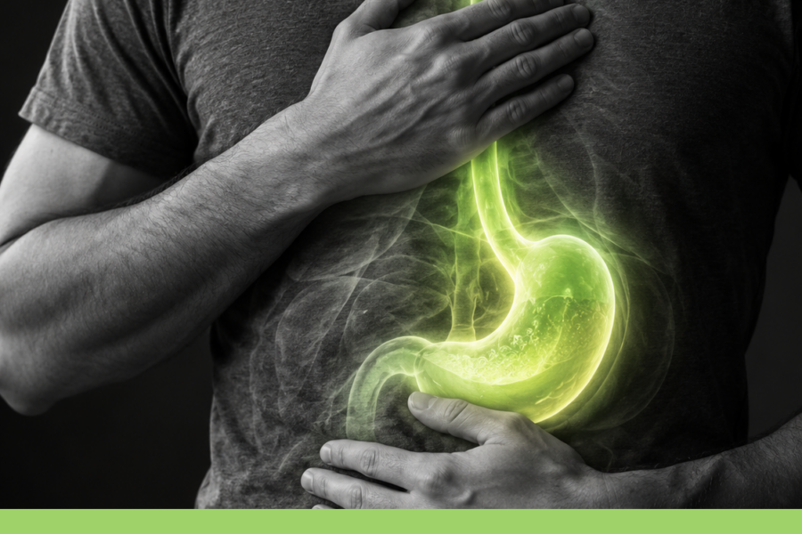 Busto adulto con una mano sullo sterno e una sull’epigastrio, con evidenziazione verde localizzata su esofago e stomaco.