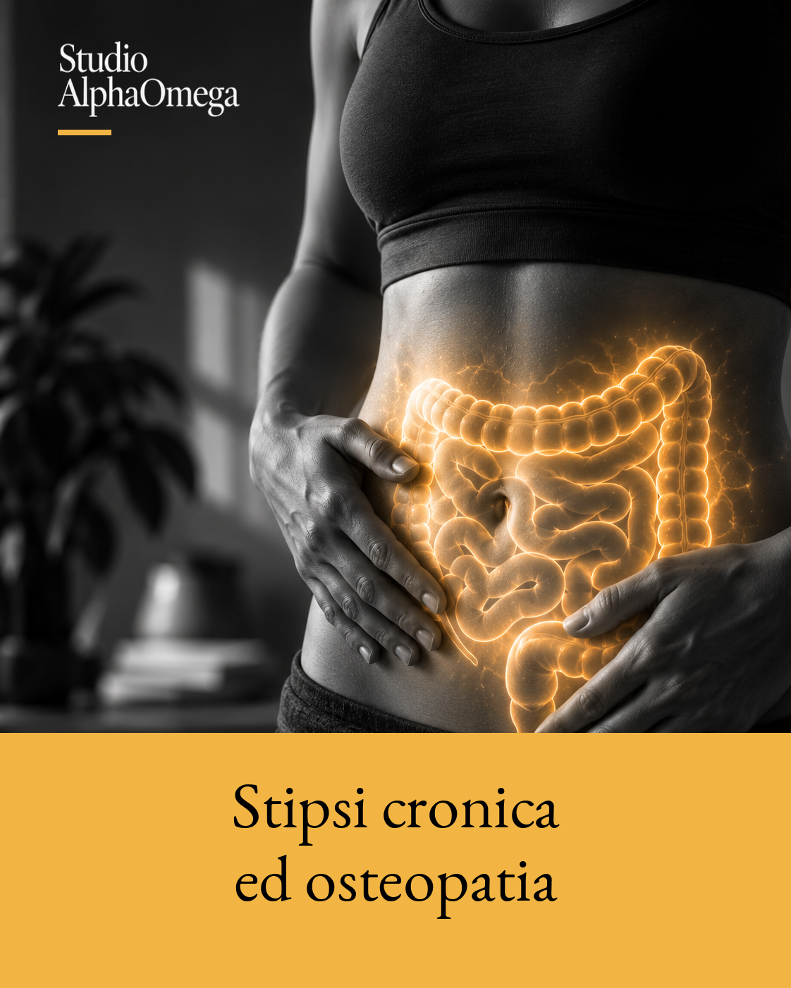 Dettaglio dell’addome con entrambe le mani appoggiate e un’evidenziazione dorata illustrativa localizzata sul tratto intestinale.