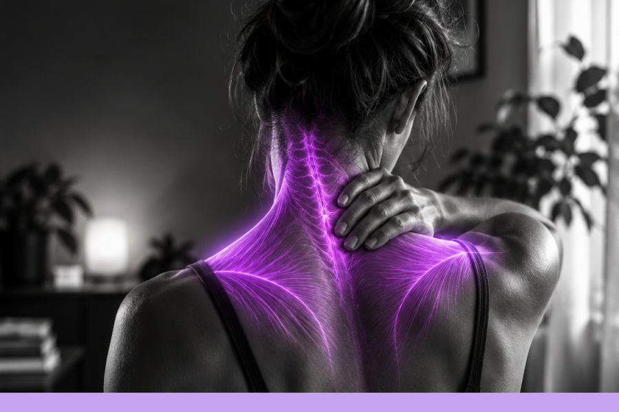 Persona vista di spalle con una mano sul trapezio e un effetto illustrativo viola localizzato su collo e spalle.