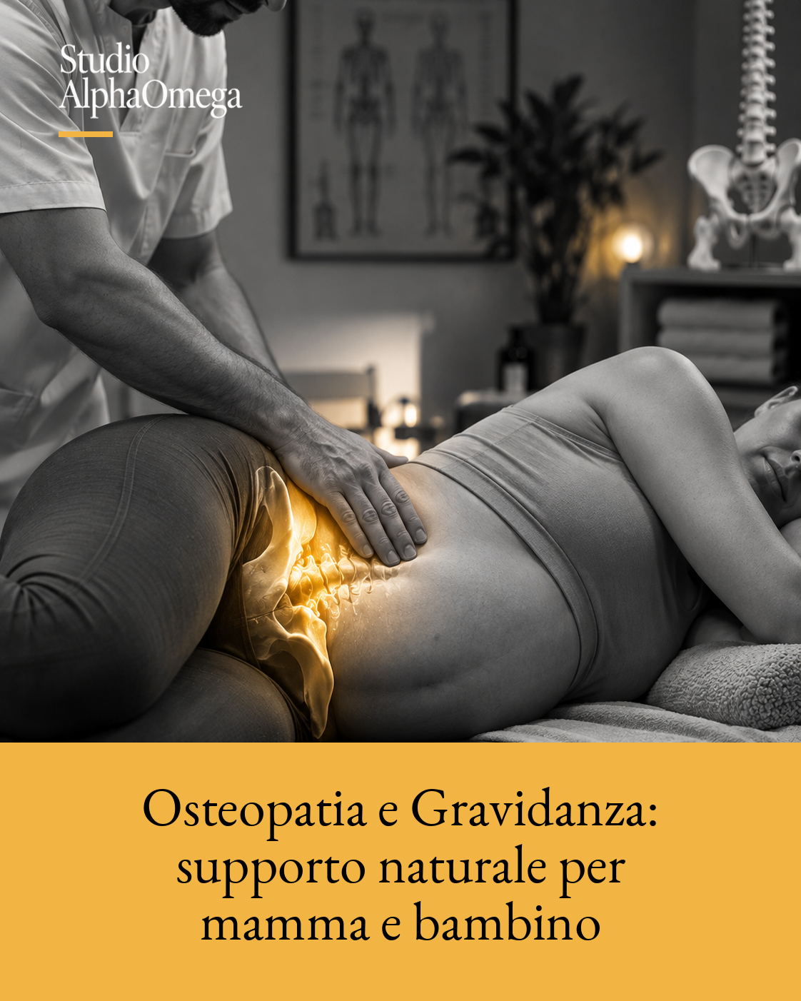 Donna in gravidanza distesa sul fianco durante una valutazione manuale delicata, con evidenziazione dorata localizzata sulla regione lombosacrale.