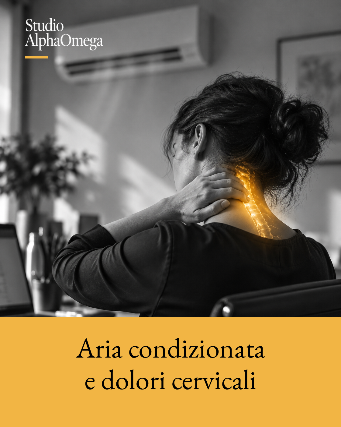 Donna in ufficio con una mano sulla nuca e evidenziazione dorata localizzata sulla regione cervicale.