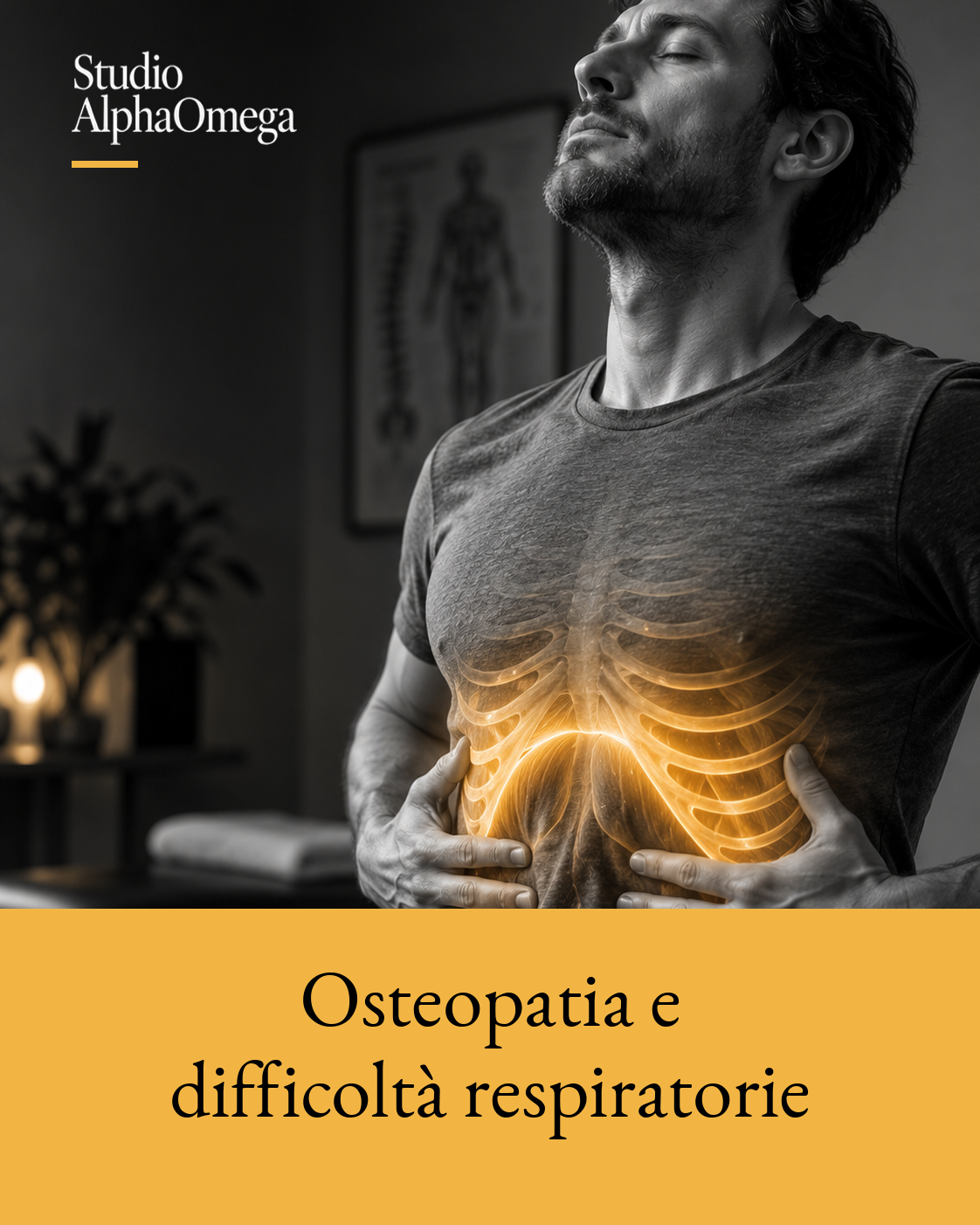 Uomo durante una respirazione profonda con evidenziazione dorata localizzata su coste inferiori e diaframma.