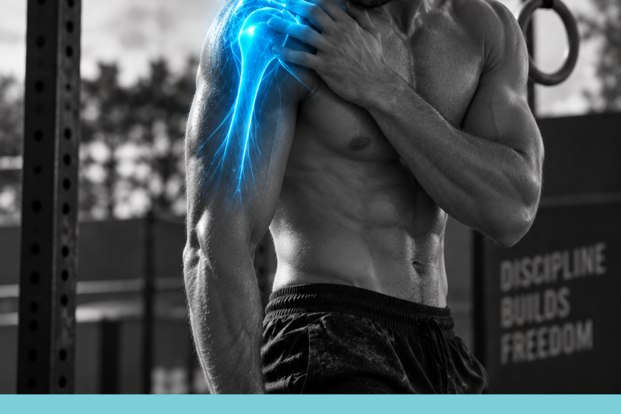 Atleta in palestra con una mano sulla spalla e un’evidenziazione anatomica azzurra localizzata sull’articolazione.