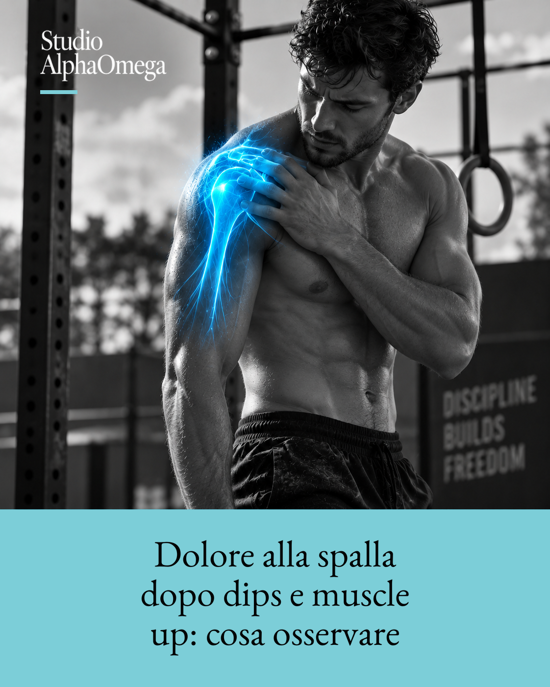 Atleta in palestra con una mano sulla spalla e un’evidenziazione anatomica azzurra localizzata sull’articolazione.