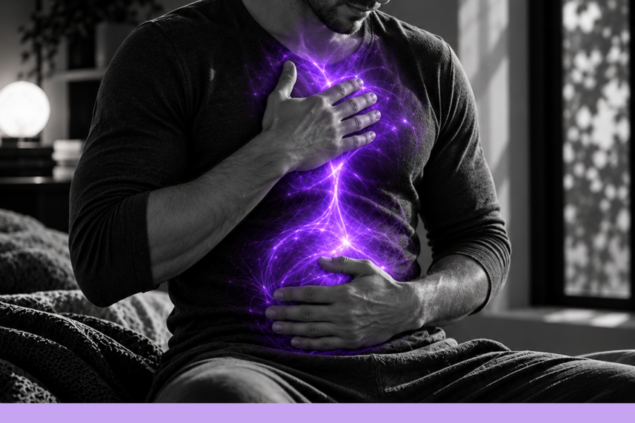 Uomo seduto con una mano sul torace e una sull’addome, con effetto illustrativo viola localizzato tra torace e addome.