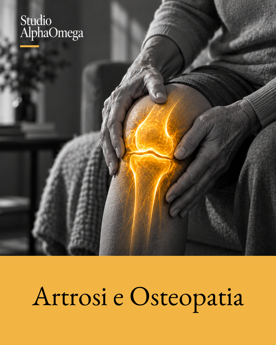 Primo piano di un ginocchio con evidenziazione anatomica dorata localizzata sull’articolazione.