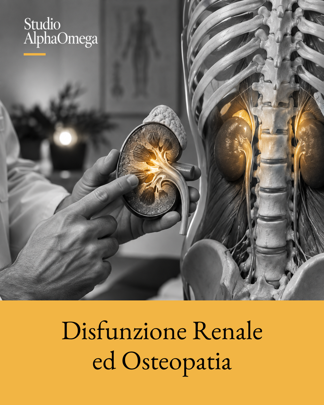 Modello anatomico dei reni e della regione lombare con evidenziazione dorata localizzata.