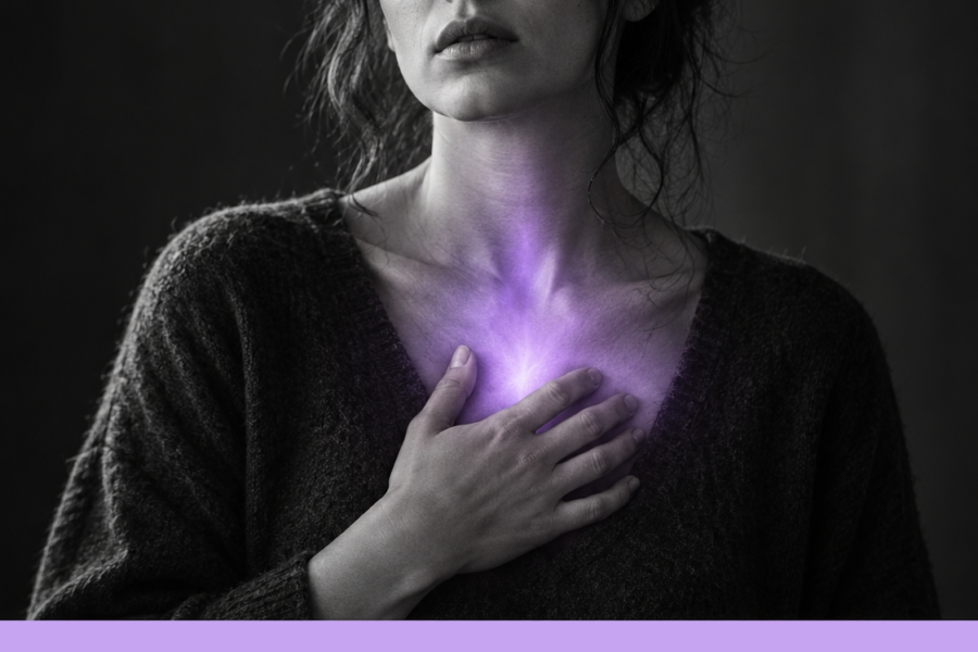Ritratto di una donna con una mano sul torace e neon viola localizzato nella regione centrale del petto.
