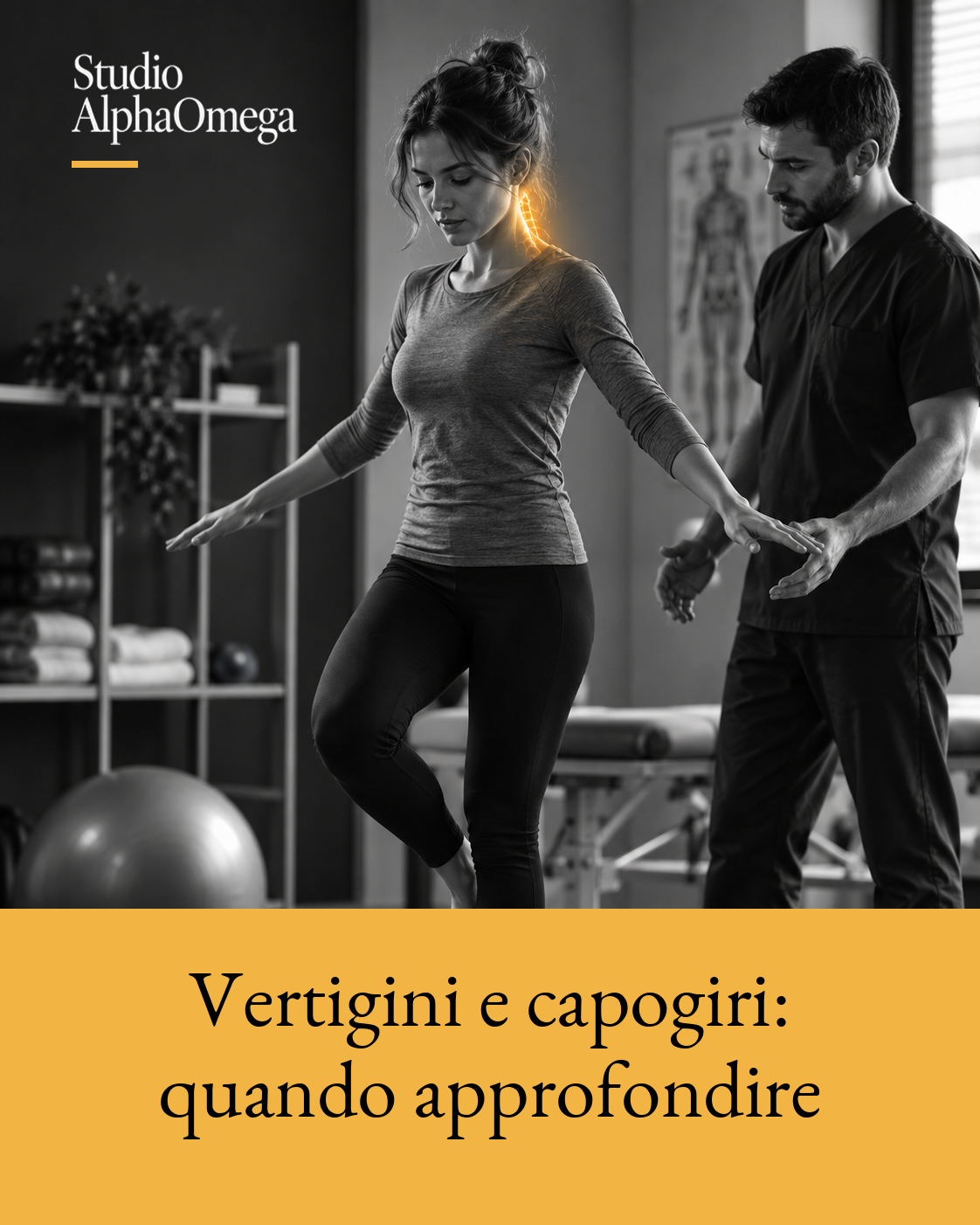 Donna durante una valutazione dell’equilibrio assistita da un professionista, con dettaglio dorato localizzato nella regione cervicale.