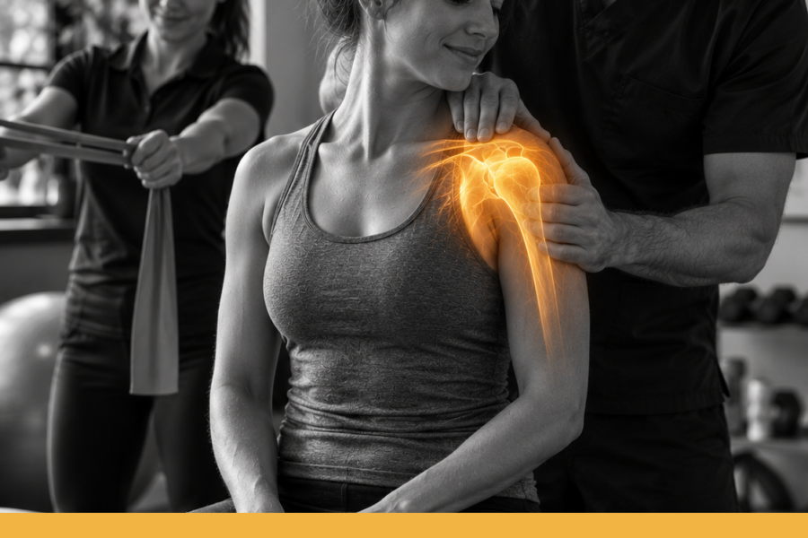 Paziente durante un trattamento manuale della spalla mentre un secondo professionista utilizza una fascia elastica sullo sfondo.