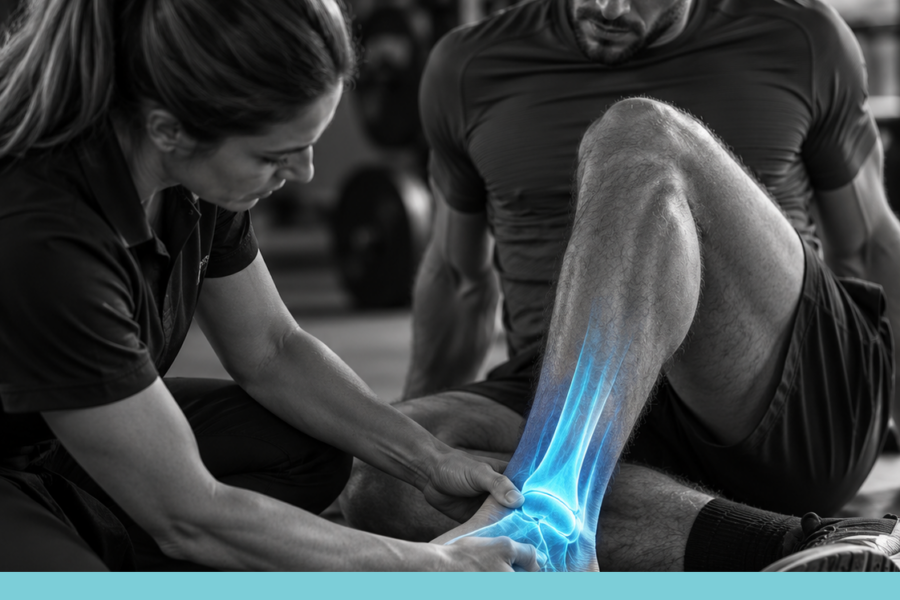 Atleta durante una valutazione della caviglia dopo un infortunio sportivo, con dettaglio anatomico azzurro localizzato.