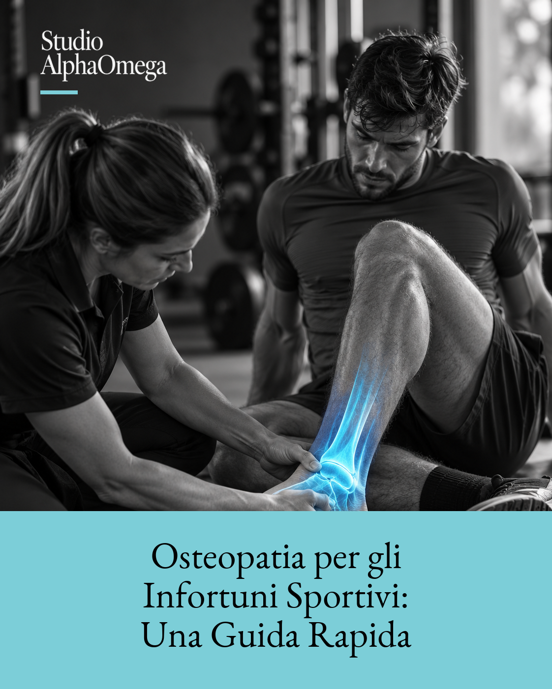 Atleta durante una valutazione della caviglia dopo un infortunio sportivo, con dettaglio anatomico azzurro localizzato.
