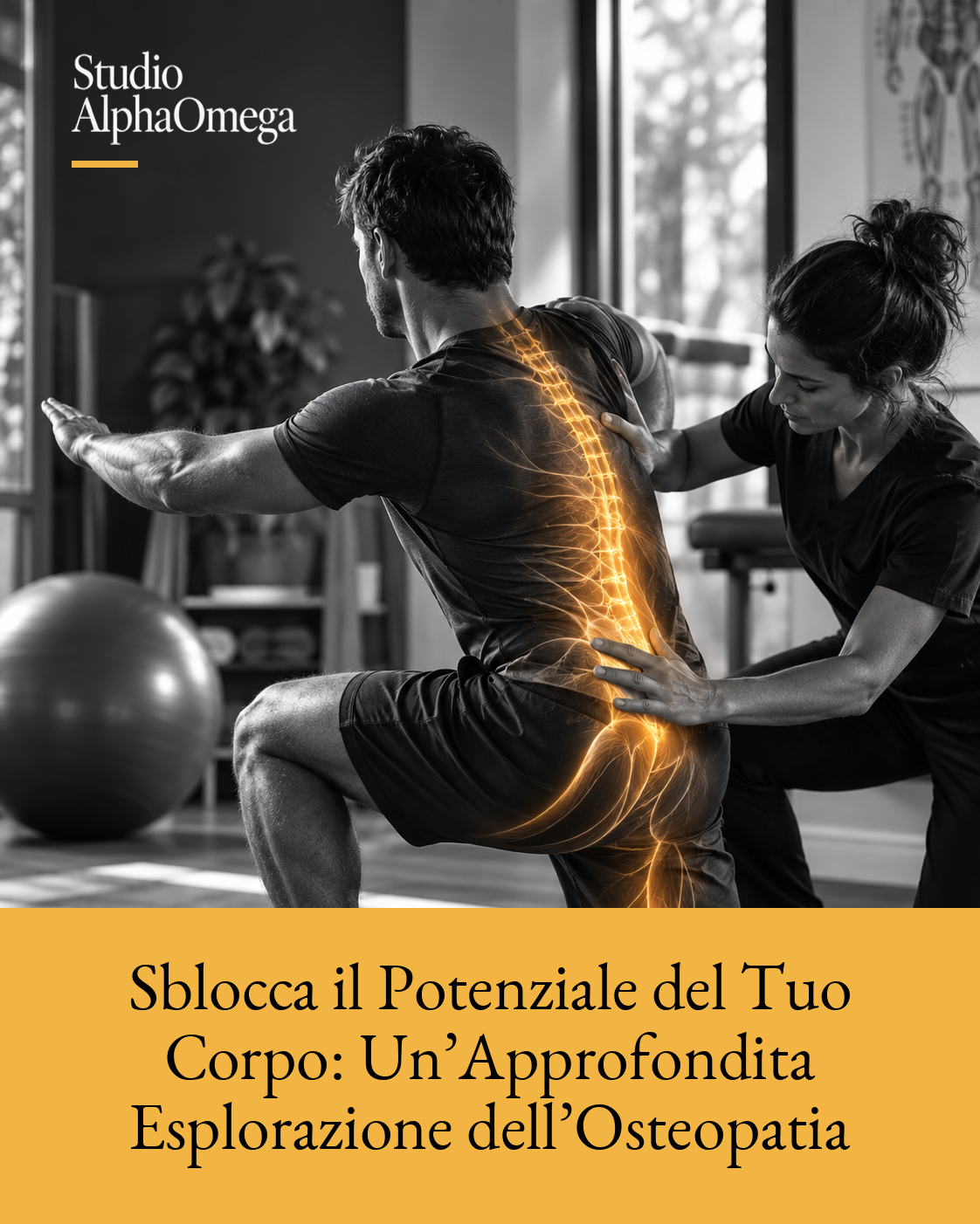 Uomo durante una valutazione dinamica della mobilità con assistenza professionale e dettaglio anatomico dorato lungo tronco e bacino.