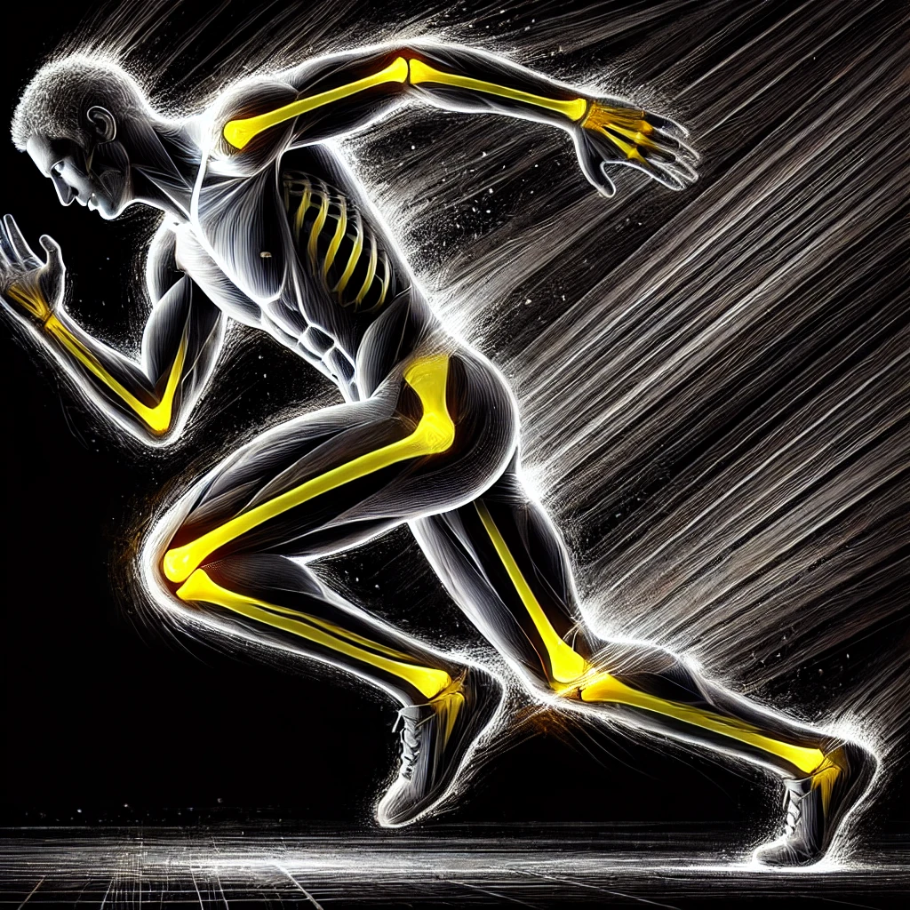 Immagine artistica di un atleta in bianco e nero con dettagli giallo fluorescenti su articolazioni, che rappresenta l'approccio osteopatico agli infortuni sportivi