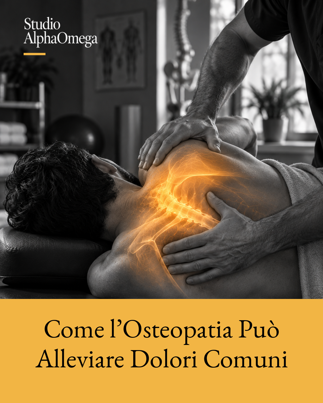 Dettaglio di un trattamento manuale su spalla e parte alta della schiena, con glow dorato localizzato.