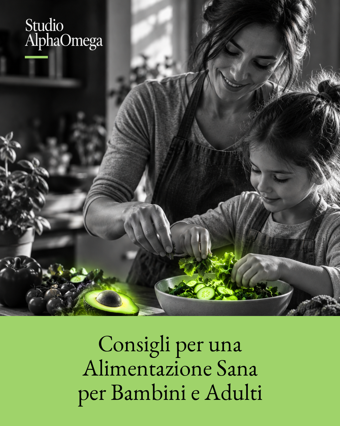 Adulto e bambina preparano insieme un pasto con verdure e alimenti freschi, con accenti verdi.