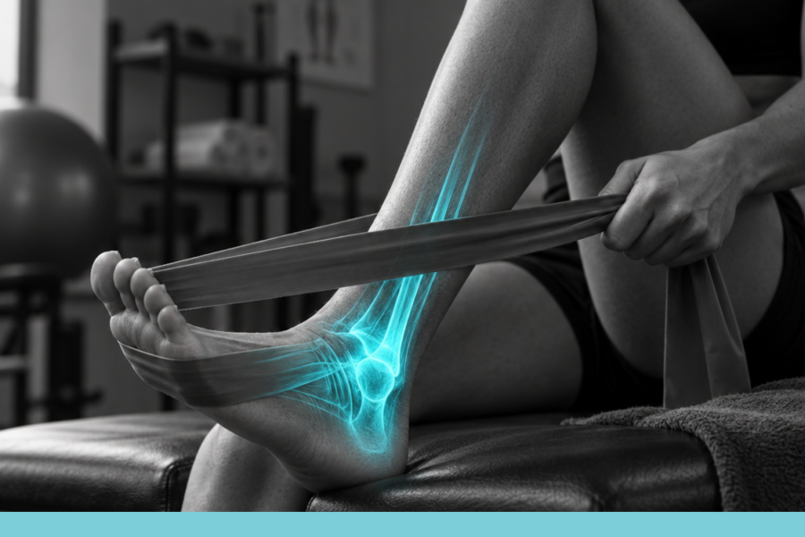 Donna che esegue un esercizio con fascia elastica alla caviglia, con glow azzurro localizzato sull’articolazione.