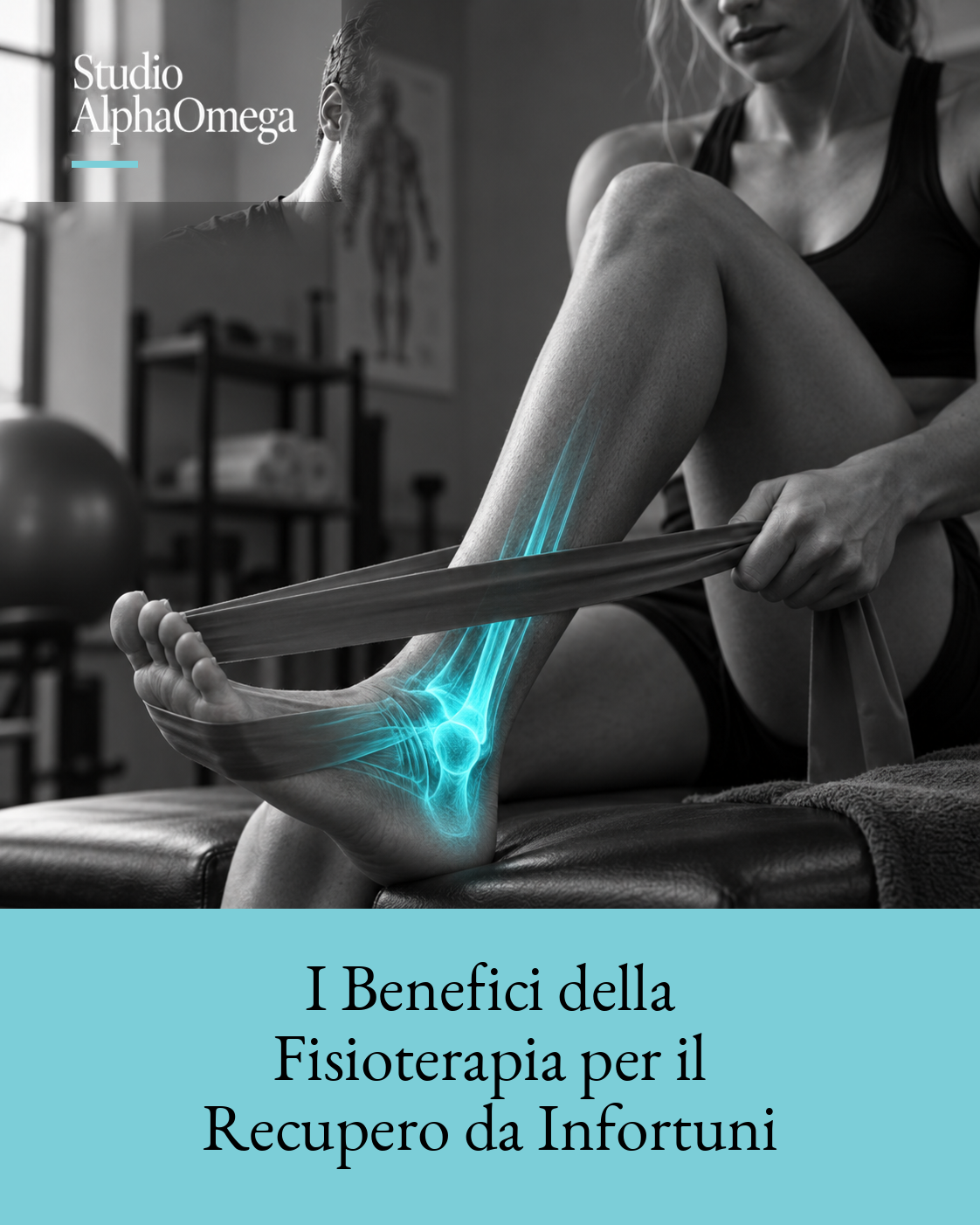 Donna che esegue un esercizio con fascia elastica alla caviglia, con glow azzurro localizzato sull’articolazione.