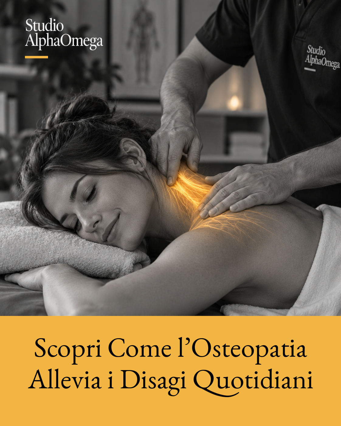 Donna distesa e sorridente durante un trattamento manuale su collo e spalla, con glow dorato localizzato.