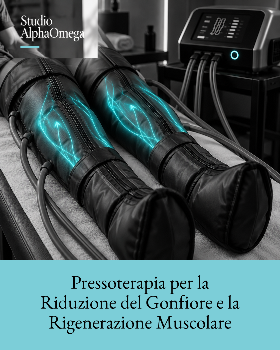 Gambe inserite in gambali per pressoterapia, con glow azzurro localizzato lungo i polpacci.