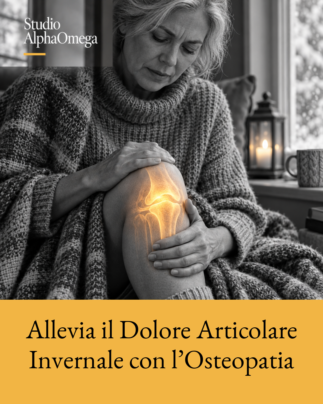 Donna adulta con una mano sul ginocchio, con glow dorato localizzato sull’articolazione.
