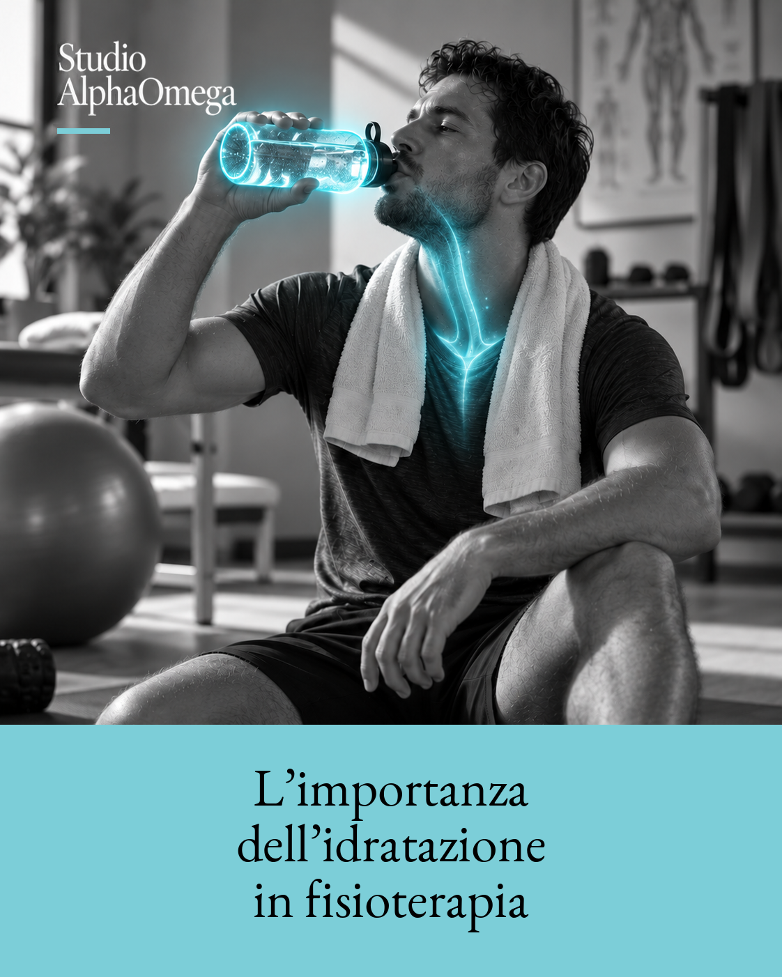 Uomo in abbigliamento sportivo che beve da una bottiglia, con glow azzurro localizzato lungo gola e torace.