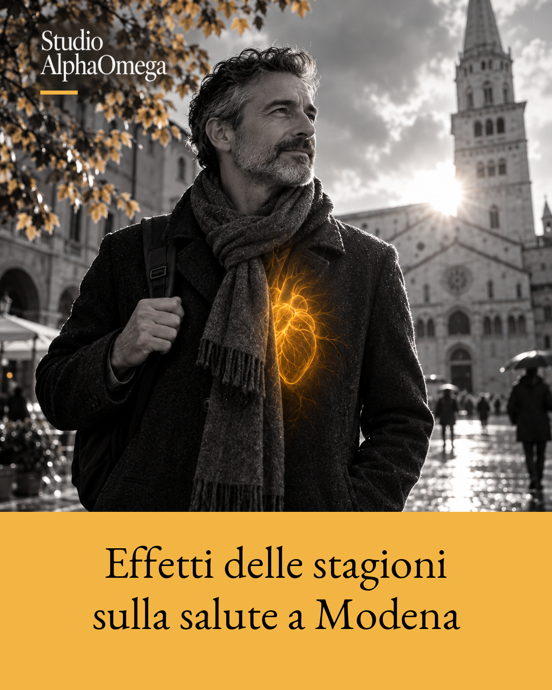 Uomo in ambiente urbano autunnale, con glow dorato localizzato sul torace.