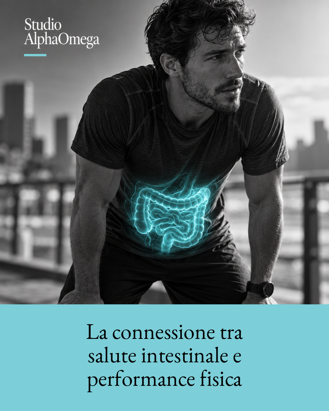 Uomo in abbigliamento sportivo, con glow azzurro localizzato sull’area intestinale.