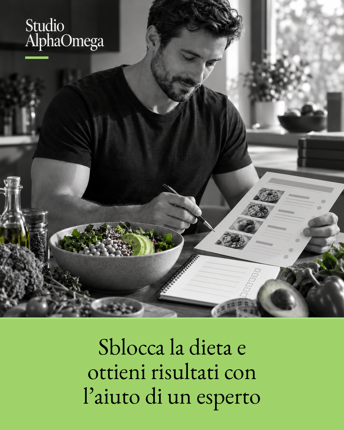 Uomo che compila un piano alimentare accanto a una ciotola di alimenti freschi, con accenti verdi.