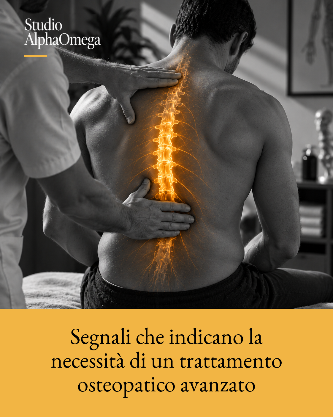 Valutazione manuale della schiena di un uomo, con glow dorato localizzato lungo la colonna vertebrale.