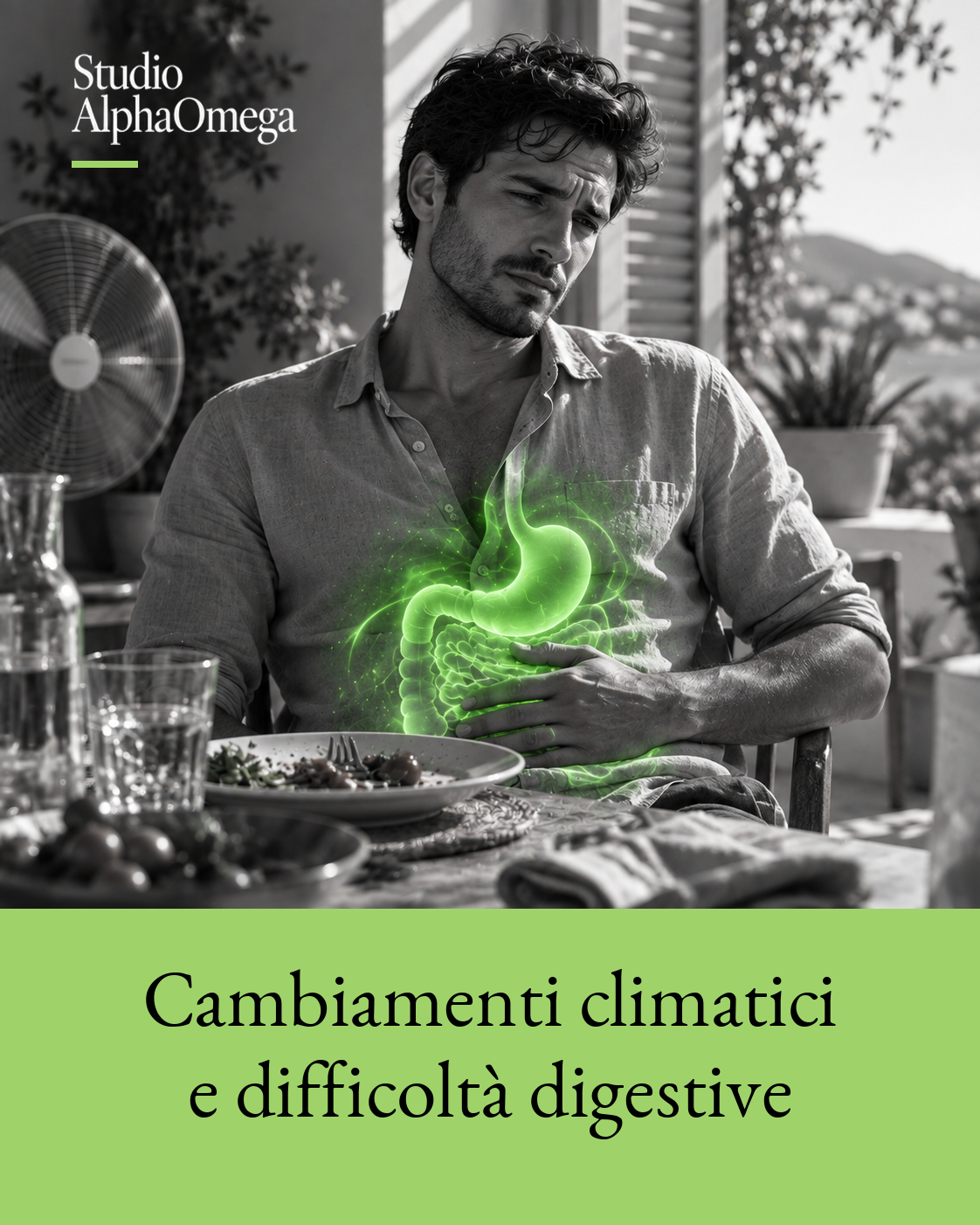 Uomo seduto a tavola con una mano sull’addome, con effetto illustrativo verde localizzato sull’apparato digerente.