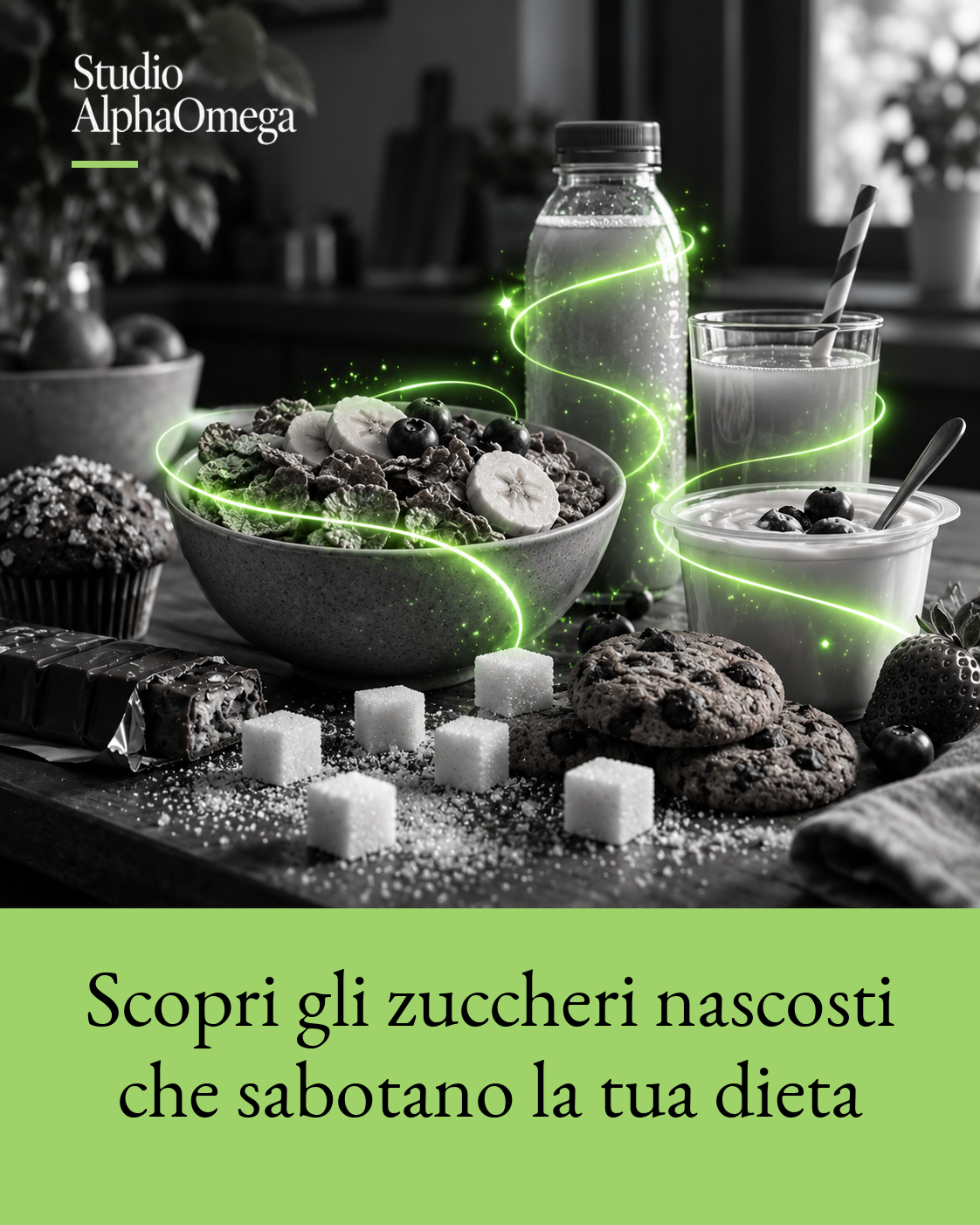 Composizione di alimenti confezionati, cereali, yogurt, bevande e zollette di zucchero, con accenti verdi.