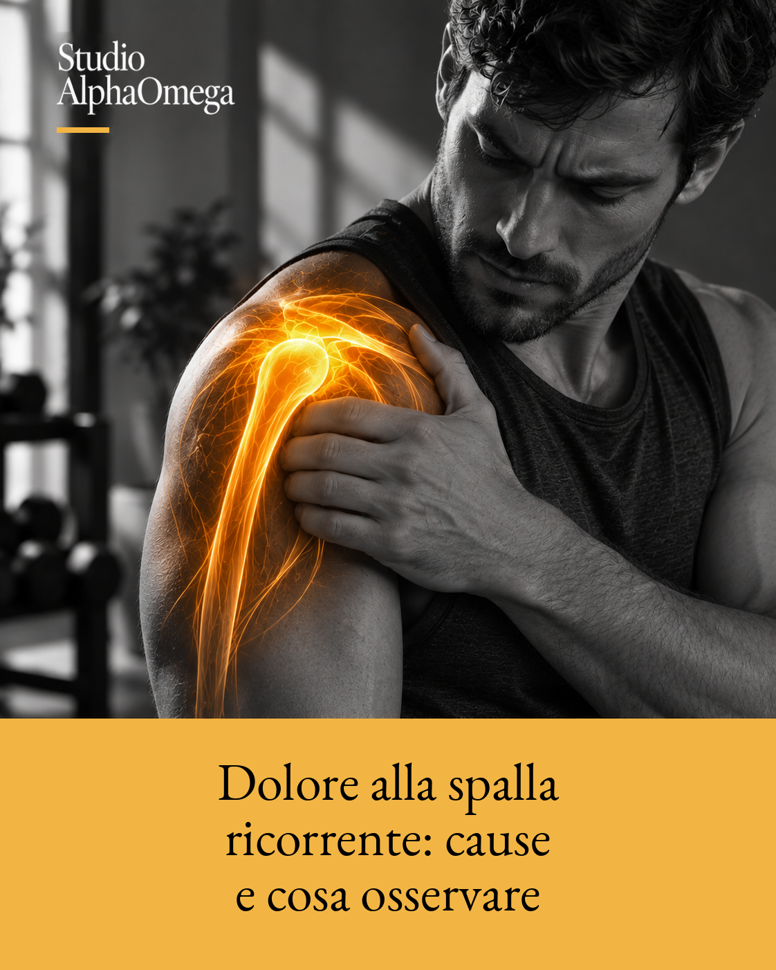 Uomo con una mano sulla spalla e glow dorato localizzato sull’articolazione.