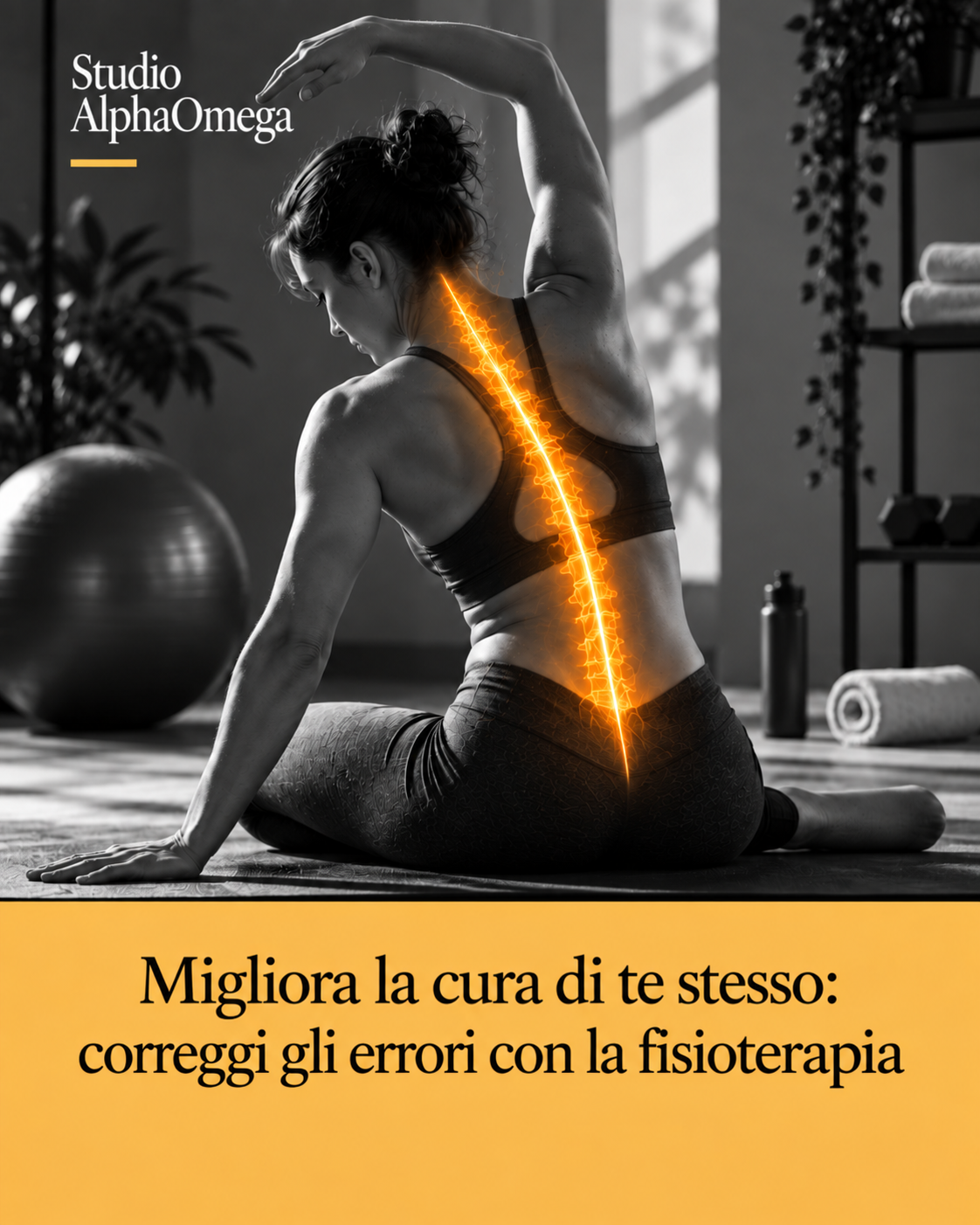 Persona durante un esercizio di mobilità, con dettaglio arancione illustrativo lungo la colonna