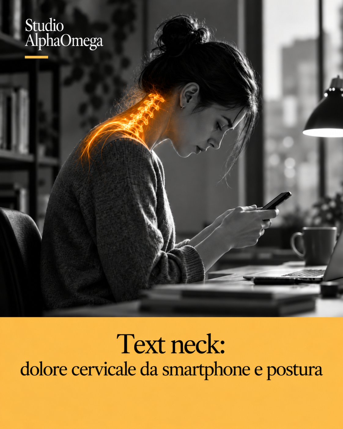 Persona al computer che usa lo smartphone con collo flesso e dettaglio arancione illustrativo sulla cervicale
