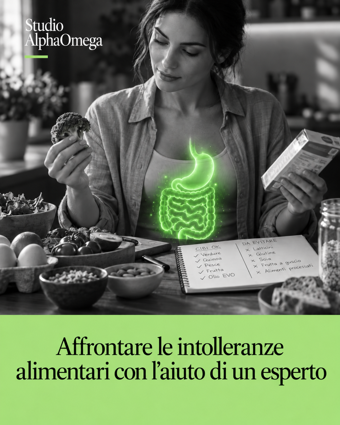 Persona a tavola con alimenti diversi e dettaglio verde illustrativo dell’apparato digerente