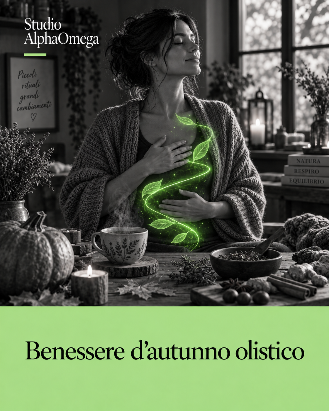Donna in ambiente autunnale con elementi verdi illustrativi legati al benessere olistico