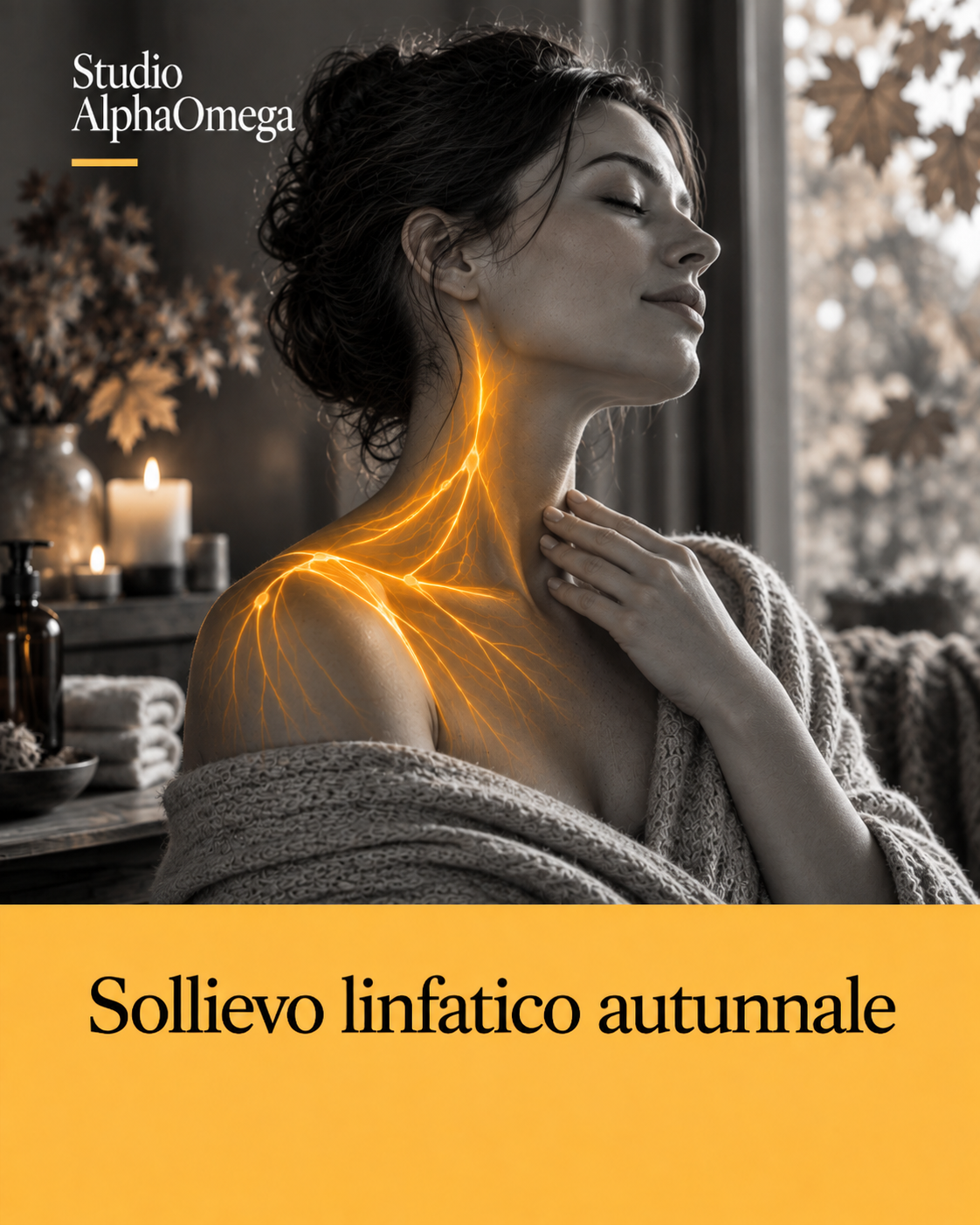 Donna in ambiente autunnale con dettaglio arancione illustrativo sul corpo