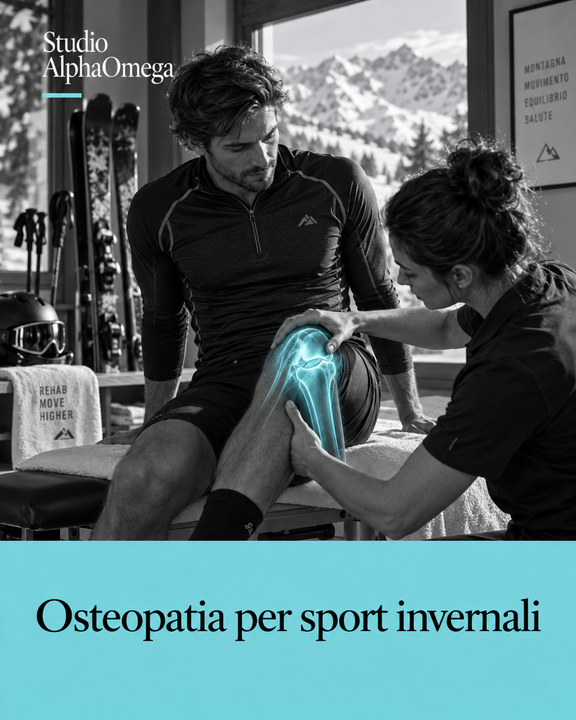 Atleta in ambiente invernale durante una valutazione del ginocchio, con dettaglio ciano illustrativo
