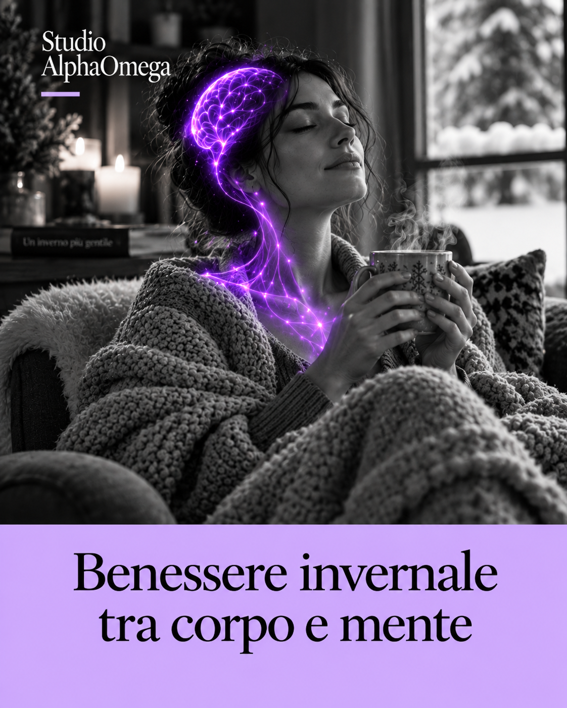 Donna in ambiente invernale con dettaglio viola illustrativo tra testa e corpo