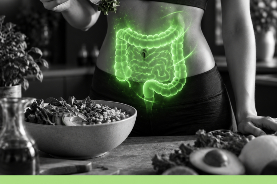 Immagine editoriale in bianco e nero con accento verde sull’apparato digerente e sugli alimenti, dedicata al rapporto tra alimentazione e salute intestinale.