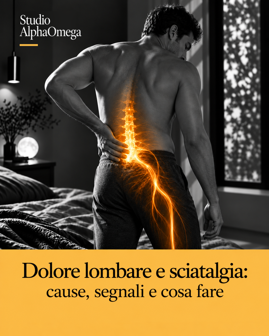 Figura in bianco e nero con accento oro-arancio nella zona lombare e lungo il decorso sciatico, immagine editoriale su lombalgia e sciatalgia.
