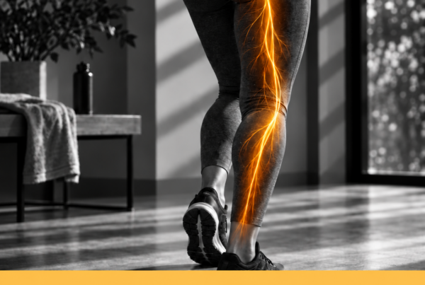 Parte inferiore del corpo in bianco e nero con accento oro-arancio lungo il decorso del nervo sciatico, immagine editoriale sulla sciatalgia.