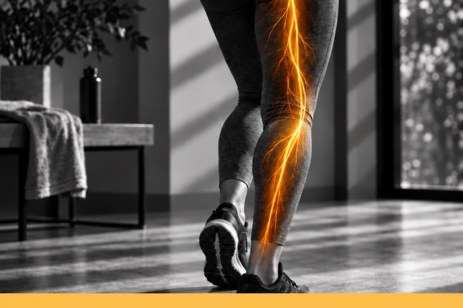 Parte inferiore del corpo in bianco e nero con accento oro-arancio lungo il decorso del nervo sciatico, immagine editoriale sulla sciatalgia.