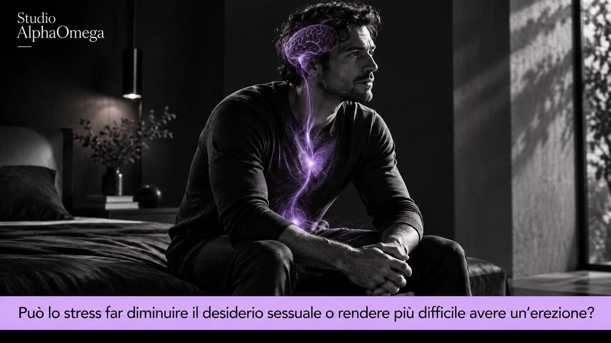 Uomo adulto seduto in un momento di riflessione, con accenti viola che richiamano stress e regolazione nervosa.